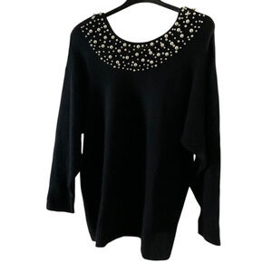Adrian Jordan Sweater Womens 22/24 Black Angora Lambswool Beaded Pearl Neckline